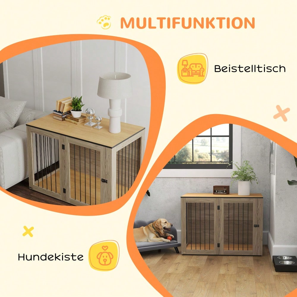 PawHut Hundekäfig als Möbelstück mit Beistellfunktion, für große Hunde bis 30 kg, mit Tür & Fenster, Stahlgestell in Eiche-Optik, 106x60x76 cm