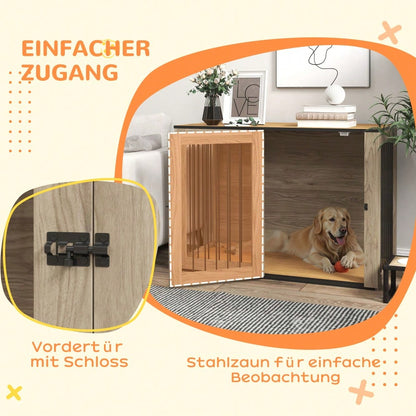 PawHut Hundekäfig als Möbelstück mit Beistellfunktion, für große Hunde bis 30 kg, mit Tür & Fenster, Stahlgestell in Eiche-Optik, 106x60x76 cm