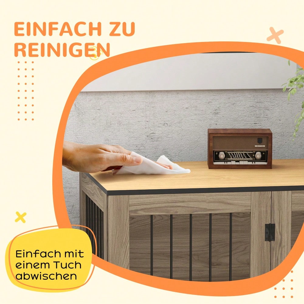 PawHut Hundekäfig als Möbelstück mit Beistellfunktion, für große Hunde bis 30 kg, mit Tür & Fenster, Stahlgestell in Eiche-Optik, 106x60x76 cm