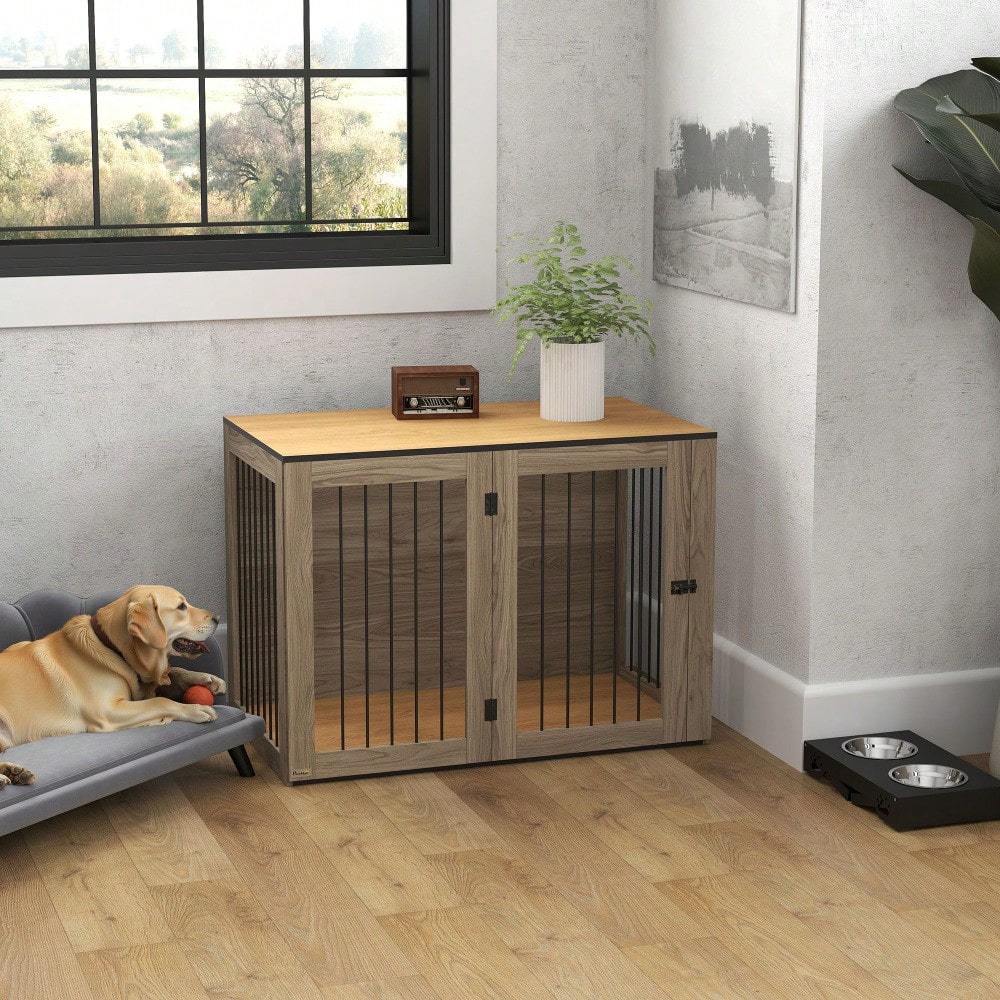 PawHut Hundekäfig als Möbelstück mit Beistellfunktion, für große Hunde bis 30 kg, mit Tür & Fenster, Stahlgestell in Eiche-Optik, 106x60x76 cm