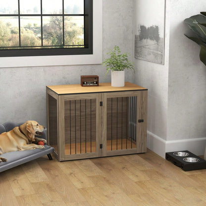 PawHut Hundekäfig als Möbelstück mit Beistellfunktion, für große Hunde bis 30 kg, mit Tür & Fenster, Stahlgestell in Eiche-Optik, 106x60x76 cm