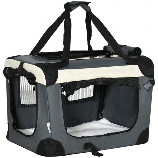PawHut Transportbox für Katzen & kleine Hunde, faltbar mit 3 Türen, grau, 50.5 x 33.5 x 35 cm