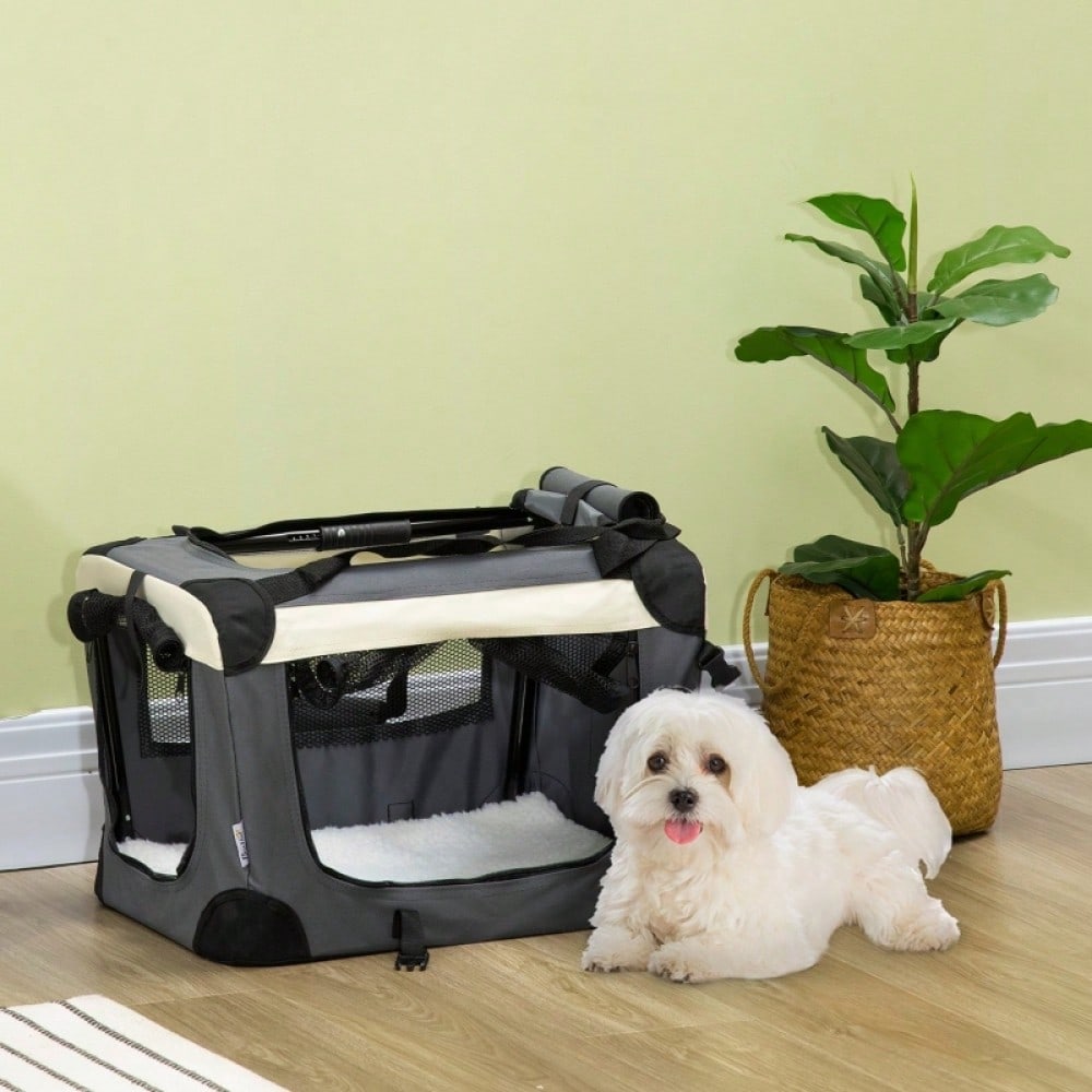 PawHut Transportbox für Katzen & kleine Hunde, faltbar mit 3 Türen, grau, 50.5 x 33.5 x 35 cm