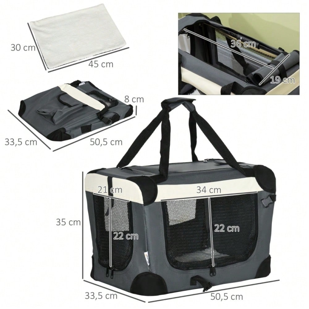 PawHut Transportbox für Katzen & kleine Hunde, faltbar mit 3 Türen, grau, 50.5 x 33.5 x 35 cm