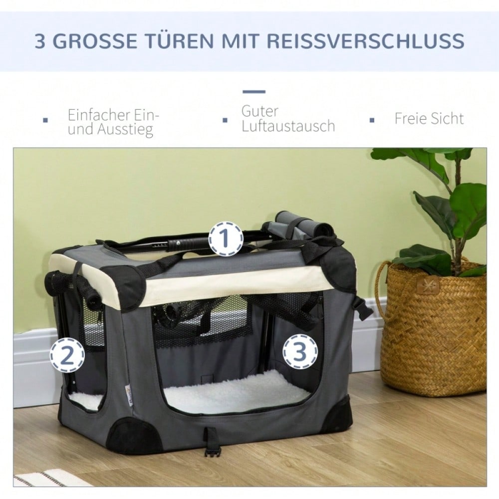 PawHut Transportbox für Katzen & kleine Hunde, faltbar mit 3 Türen, grau, 50.5 x 33.5 x 35 cm