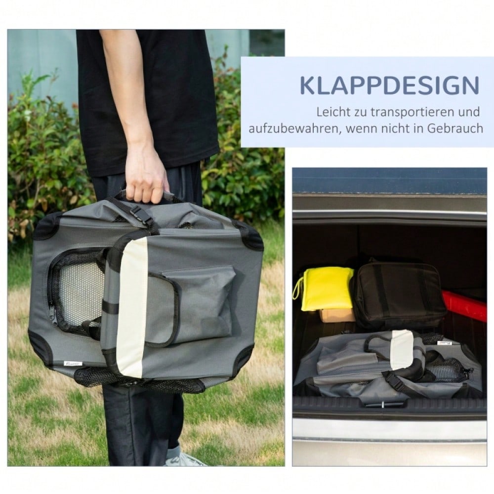 PawHut Transportbox für Katzen & kleine Hunde, faltbar mit 3 Türen, grau, 50.5 x 33.5 x 35 cm
