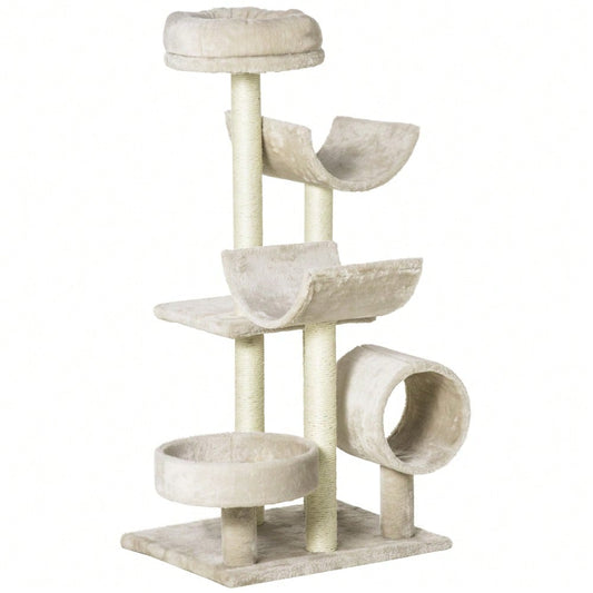 PawHut Kratzbaum Kletterbaum für Katzen mit Spielzeug und Tunnel, 105 cm hoch, beige, 50x40x105 cm