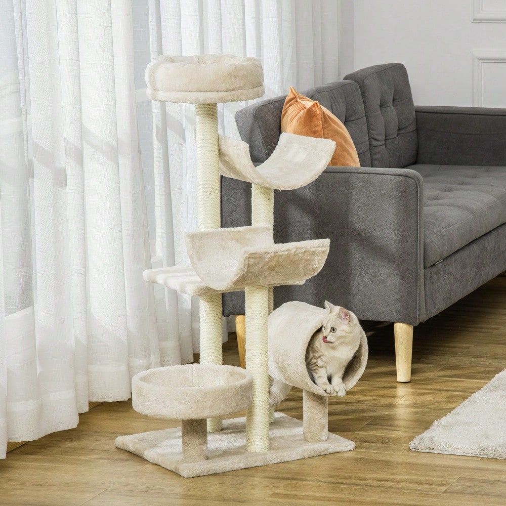 PawHut Kratzbaum Kletterbaum für Katzen mit Spielzeug und Tunnel, 105 cm hoch, beige, 50x40x105 cm