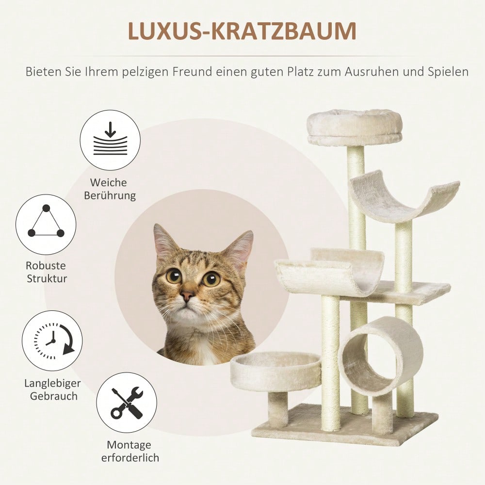 PawHut Kratzbaum Kletterbaum für Katzen mit Spielzeug und Tunnel, 105 cm hoch, beige, 50x40x105 cm