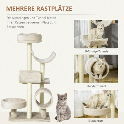 PawHut Kratzbaum Kletterbaum für Katzen mit Spielzeug und Tunnel, 105 cm hoch, beige, 50x40x105 cm