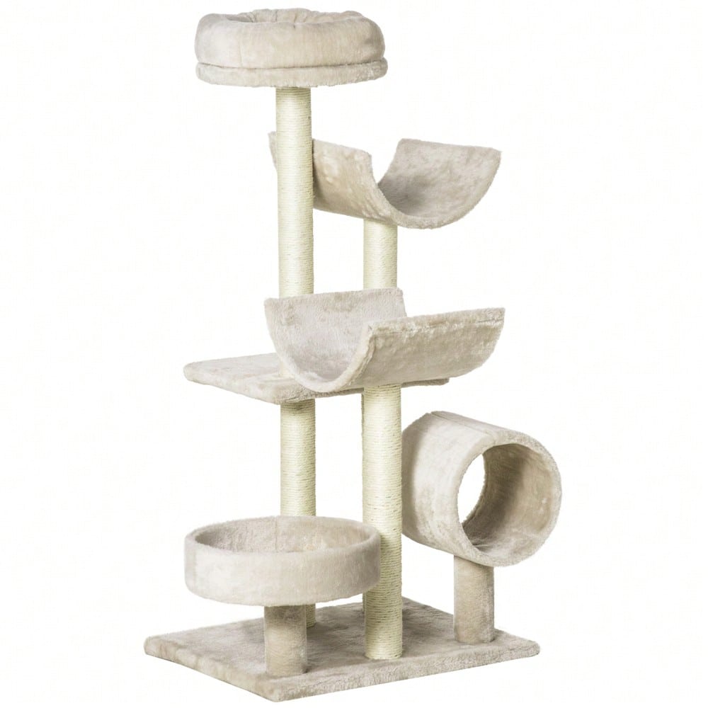 PawHut Kratzbaum Kletterbaum für Katzen mit Spielzeug und Tunnel, 105 cm hoch, beige, 50x40x105 cm