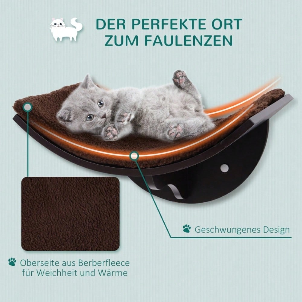 PawHut Katzen Wandliege mit Plüschauflage, Wandmontage Katzenbett & Regal, braun, 41x28x21 cm