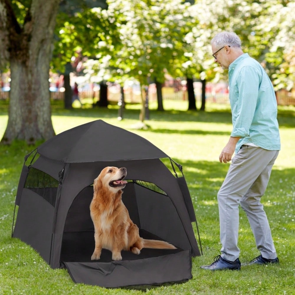 PawHut Haustierzelt, Hundezelt, Katzenhaus im Freien, Hundehaus mit Meshfenster, Hunde Tipi Zelt mit Tragetasche, Sonnendach für Hinterhof, Wohnzimmer, Dunkelgrau