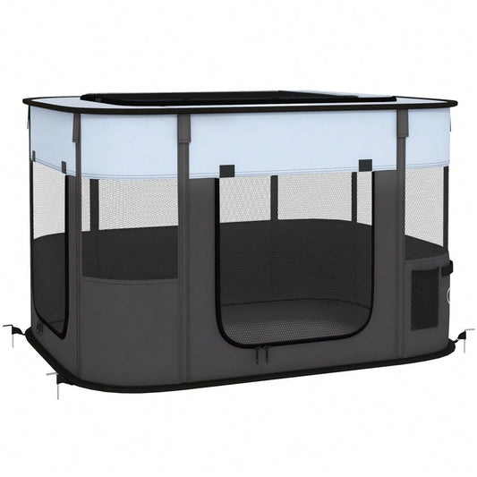 PawHut Welpenauslauf, Welpenlaufstall mit Türen, Fenster, faltbar Laufgitter, Atmungsaktiv Netz, für kleine Hunde unter 10 kg und Kleintiere, Indoor und Outdoor, 94 x 74 x 60 cm, Grau