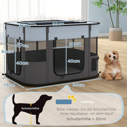 PawHut Welpenauslauf, Welpenlaufstall mit Türen, Fenster, faltbar Laufgitter, Atmungsaktiv Netz, für kleine Hunde unter 10 kg und Kleintiere, Indoor und Outdoor, 94 x 74 x 60 cm, Grau