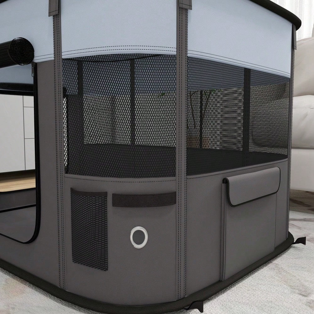 PawHut Welpenauslauf, Welpenlaufstall mit Türen, Fenster, faltbar Laufgitter, Atmungsaktiv Netz, für kleine Hunde unter 10 kg und Kleintiere, Indoor und Outdoor, 94 x 74 x 60 cm, Grau