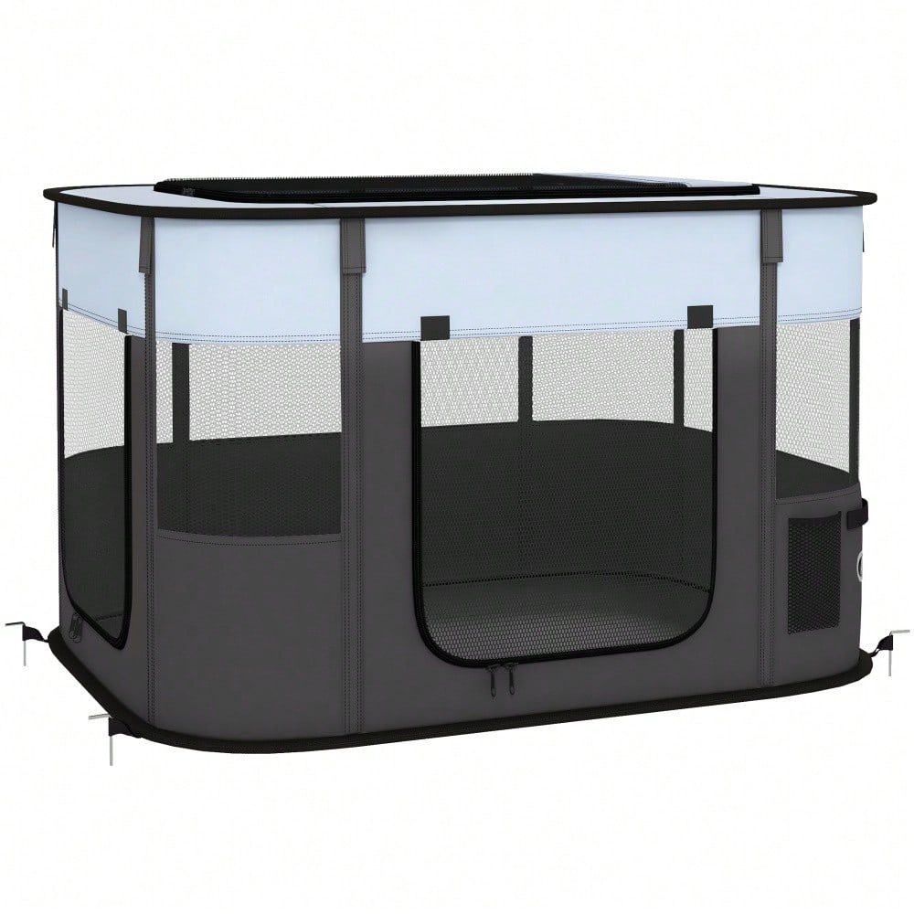 PawHut Welpenauslauf, Welpenlaufstall mit Türen, Fenster, faltbar Laufgitter, Atmungsaktiv Netz, für kleine Hunde unter 10 kg und Kleintiere, Indoor und Outdoor, 94 x 74 x 60 cm, Grau