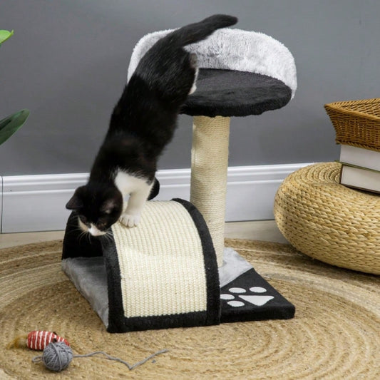PawHut Kratzbaum für Katzen, Katzenturm mit 2 Spielbällen, Kratzbrett und Sisalstämmen, Kletterbaum für kleine bis mittelgroße Katzen, Katzenmöbel für die Wohnung, 46 cm Höhe, Schwarz