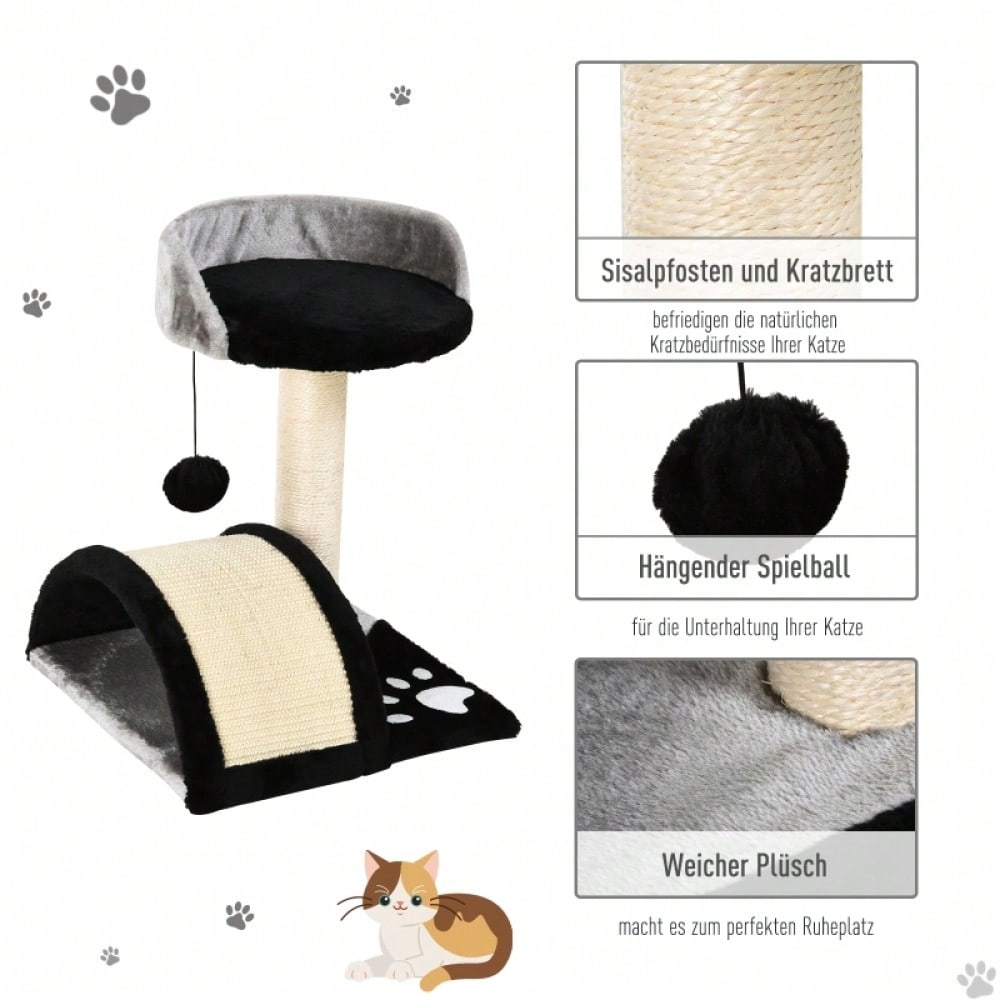 PawHut Kratzbaum für Katzen, Katzenturm mit 2 Spielbällen, Kratzbrett und Sisalstämmen, Kletterbaum für kleine bis mittelgroße Katzen, Katzenmöbel für die Wohnung, 46 cm Höhe, Schwarz