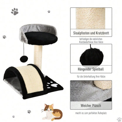 PawHut Kratzbaum für Katzen, Katzenturm mit 2 Spielbällen, Kratzbrett und Sisalstämmen, Kletterbaum für kleine bis mittelgroße Katzen, Katzenmöbel für die Wohnung, 46 cm Höhe, Schwarz
