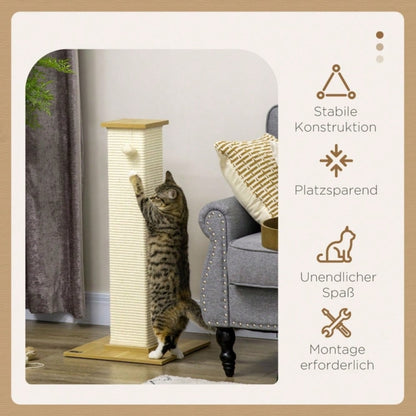 PawHut Hoher Kratzbaum für Katzen mit Spielzeug, Kratztonne, Kletterbaum mit Sisalstämmen und Liegefläche, Katzenmöbel für Wohnung, 80 cm Höhe, Beige + Natur