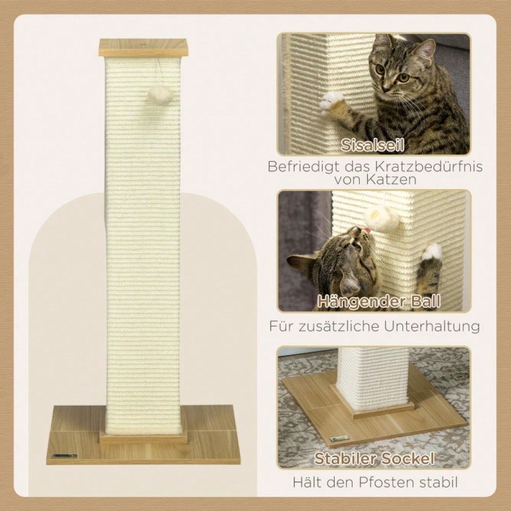 PawHut Hoher Kratzbaum für Katzen mit Spielzeug, Kratztonne, Kletterbaum mit Sisalstämmen und Liegefläche, Katzenmöbel für Wohnung, 80 cm Höhe, Beige + Natur