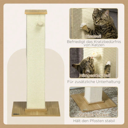 PawHut Hoher Kratzbaum für Katzen mit Spielzeug, Kratztonne, Kletterbaum mit Sisalstämmen und Liegefläche, Katzenmöbel für Wohnung, 80 cm Höhe, Beige + Natur