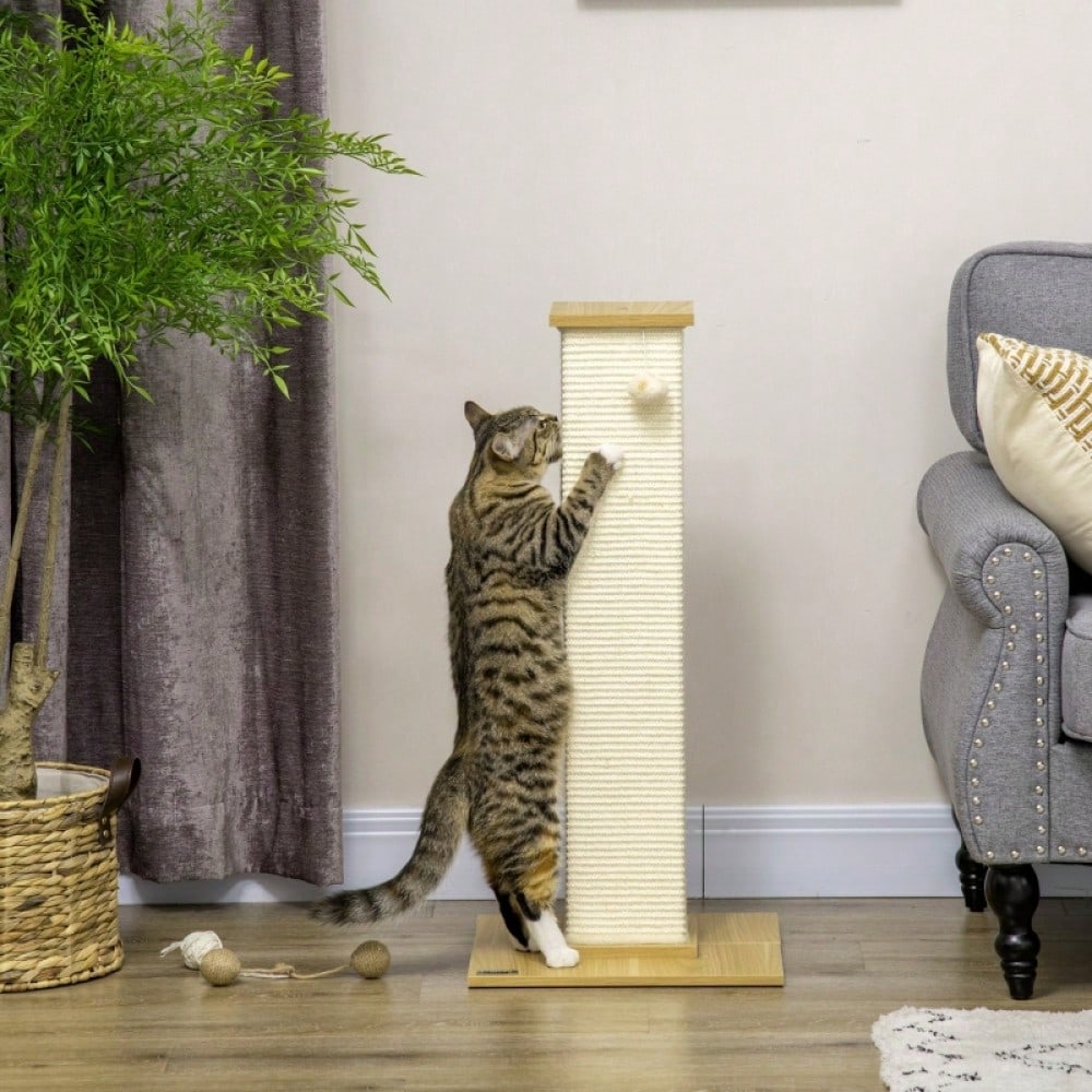 PawHut Hoher Kratzbaum für Katzen mit Spielzeug, Kratztonne, Kletterbaum mit Sisalstämmen und Liegefläche, Katzenmöbel für Wohnung, 80 cm Höhe, Beige + Natur