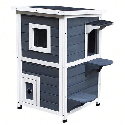 PawHut Katzenhaus mit 2 Etagen, Katzenvilla mit Asphaltdach, Treppe, Fenster und Spielbereich aus Tannenholz, Für Innen & Außen, Katzenzubehör, Maße: 51x51x81cm, Grau
