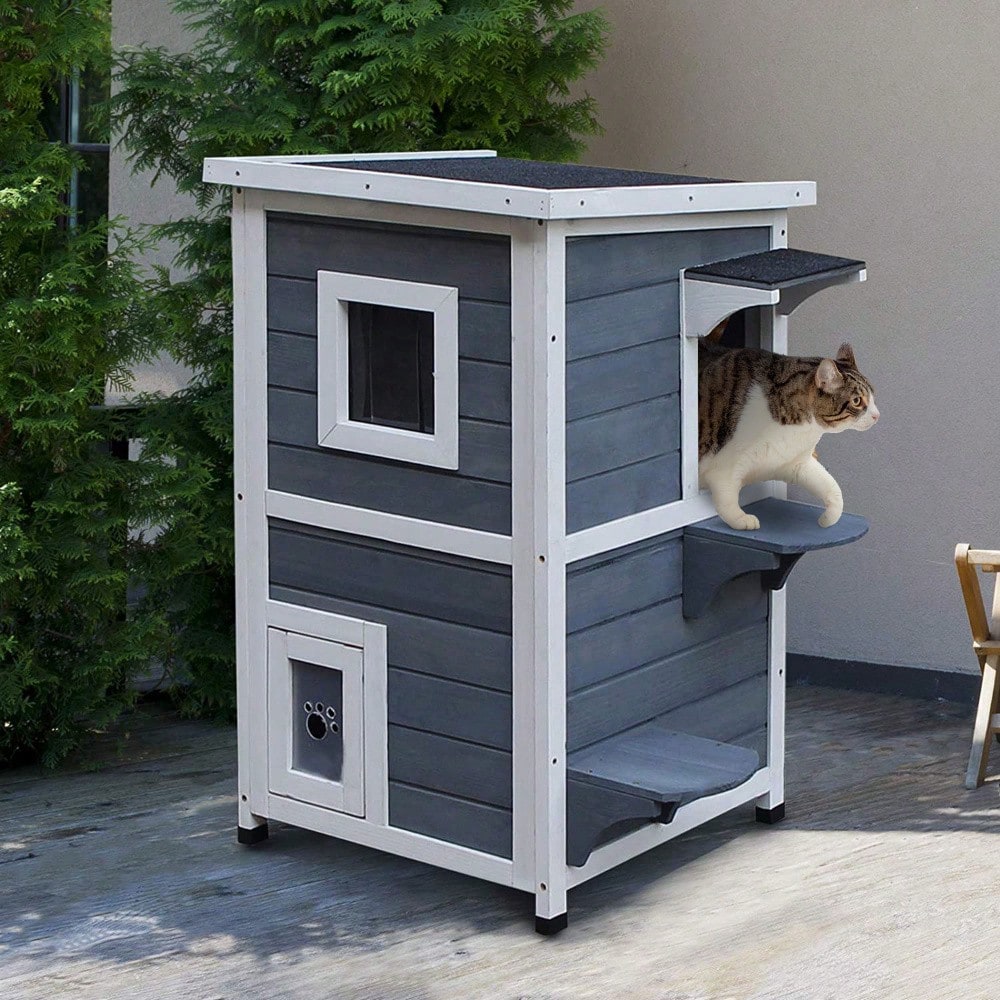 PawHut Katzenhaus mit 2 Etagen, Katzenvilla mit Asphaltdach, Treppe, Fenster und Spielbereich aus Tannenholz, Für Innen & Außen, Katzenzubehör, Maße: 51x51x81cm, Grau