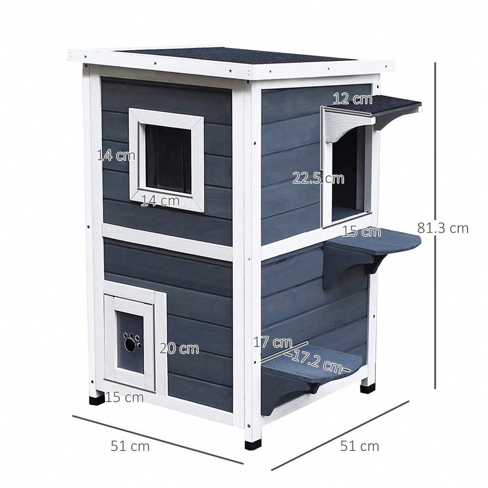 PawHut Katzenhaus mit 2 Etagen, Katzenvilla mit Asphaltdach, Treppe, Fenster und Spielbereich aus Tannenholz, Für Innen & Außen, Katzenzubehör, Maße: 51x51x81cm, Grau