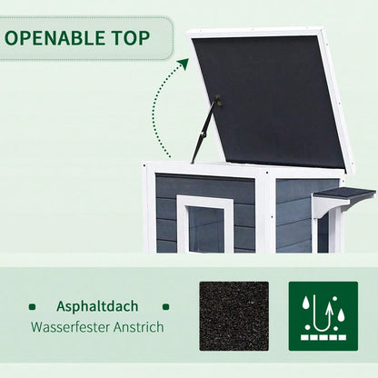 PawHut Katzenhaus mit 2 Etagen, Katzenvilla mit Asphaltdach, Treppe, Fenster und Spielbereich aus Tannenholz, Für Innen & Außen, Katzenzubehör, Maße: 51x51x81cm, Grau