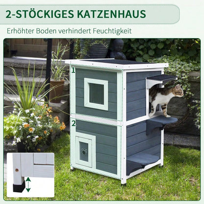 PawHut Katzenhaus mit 2 Etagen, Katzenvilla mit Asphaltdach, Treppe, Fenster und Spielbereich aus Tannenholz, Für Innen & Außen, Katzenzubehör, Maße: 51x51x81cm, Grau