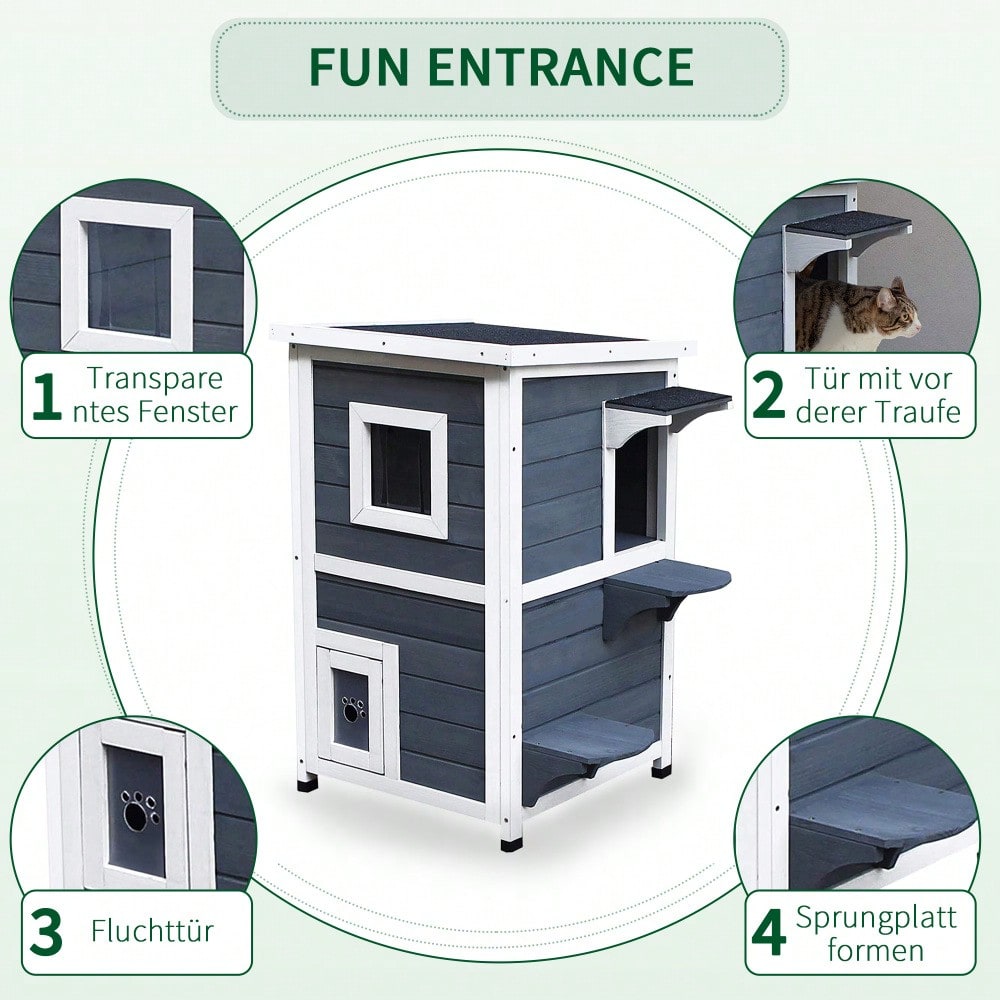 PawHut Katzenhaus mit 2 Etagen, Katzenvilla mit Asphaltdach, Treppe, Fenster und Spielbereich aus Tannenholz, Für Innen & Außen, Katzenzubehör, Maße: 51x51x81cm, Grau