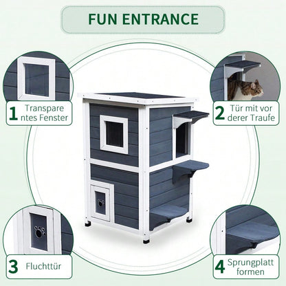PawHut Katzenhaus mit 2 Etagen, Katzenvilla mit Asphaltdach, Treppe, Fenster und Spielbereich aus Tannenholz, Für Innen & Außen, Katzenzubehör, Maße: 51x51x81cm, Grau
