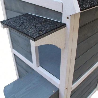 PawHut Katzenhaus mit 2 Etagen, Katzenvilla mit Asphaltdach, Treppe, Fenster und Spielbereich aus Tannenholz, Für Innen & Außen, Katzenzubehör, Maße: 51x51x81cm, Grau