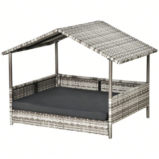 PawHut Hundehaus aus Rattan mit Kissen, Wetterfeste Outdoor Hundehütte mit Stahlrahmen, Kunststoff-Dach und Belüftung, Hundebett für kleine Hunde bis 10 kg, 69x98x70 cm, Grau