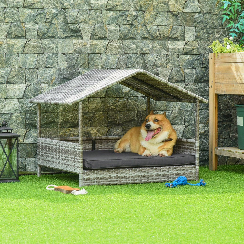 PawHut Hundehaus aus Rattan mit Kissen, Wetterfeste Outdoor Hundehütte mit Stahlrahmen, Kunststoff-Dach und Belüftung, Hundebett für kleine Hunde bis 10 kg, 69x98x70 cm, Grau