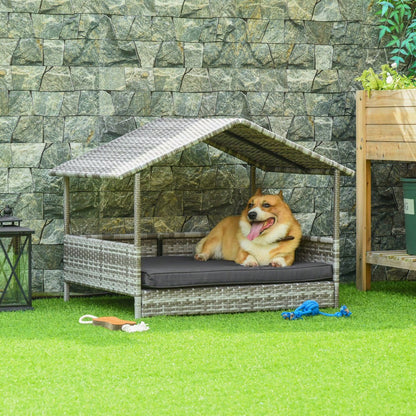 PawHut Hundehaus aus Rattan mit Kissen, Wetterfeste Outdoor Hundehütte mit Stahlrahmen, Kunststoff-Dach und Belüftung, Hundebett für kleine Hunde bis 10 kg, 69x98x70 cm, Grau