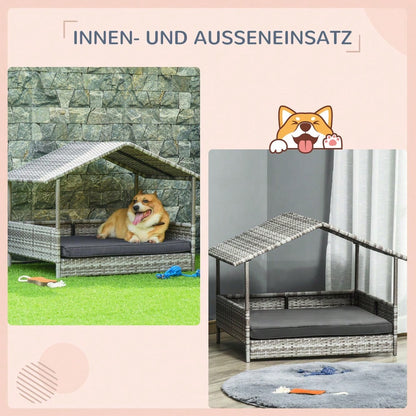 PawHut Hundehaus aus Rattan mit Kissen, Wetterfeste Outdoor Hundehütte mit Stahlrahmen, Kunststoff-Dach und Belüftung, Hundebett für kleine Hunde bis 10 kg, 69x98x70 cm, Grau
