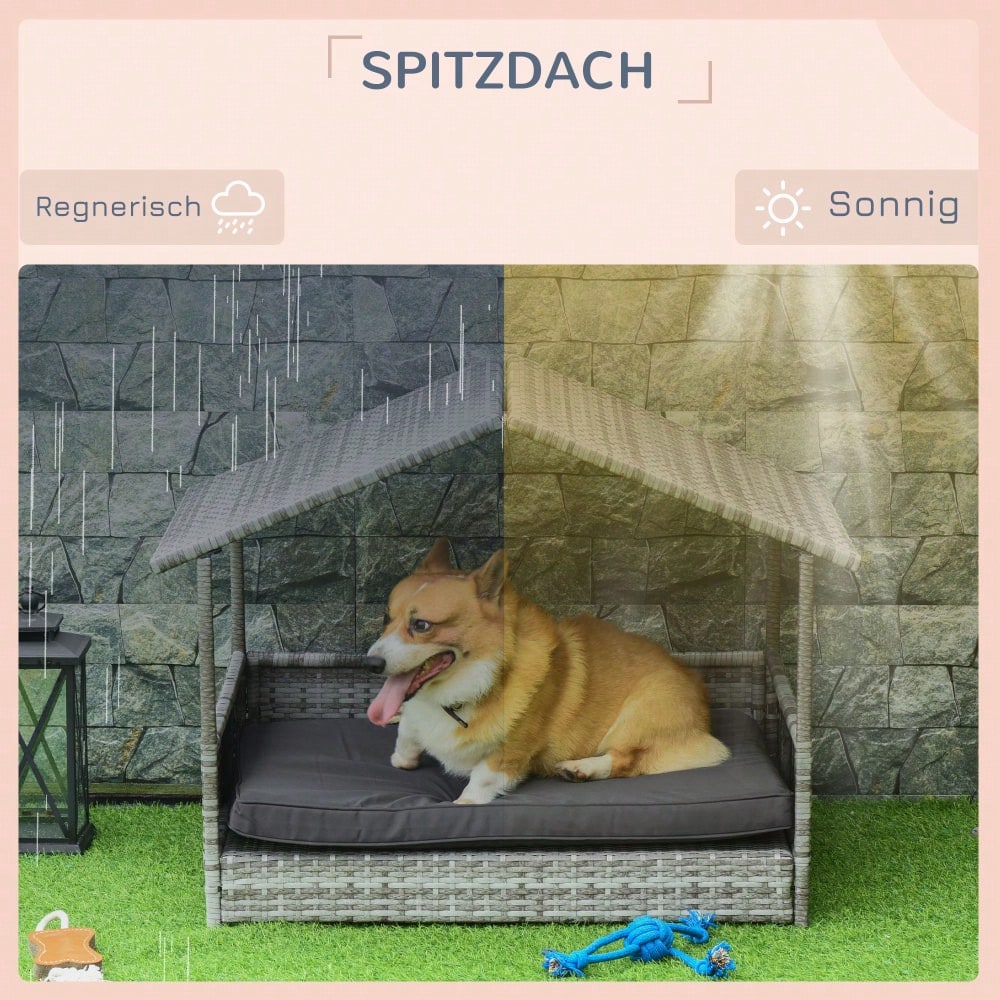 PawHut Hundehaus aus Rattan mit Kissen, Wetterfeste Outdoor Hundehütte mit Stahlrahmen, Kunststoff-Dach und Belüftung, Hundebett für kleine Hunde bis 10 kg, 69x98x70 cm, Grau