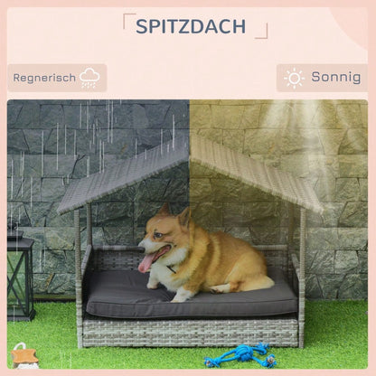 PawHut Hundehaus aus Rattan mit Kissen, Wetterfeste Outdoor Hundehütte mit Stahlrahmen, Kunststoff-Dach und Belüftung, Hundebett für kleine Hunde bis 10 kg, 69x98x70 cm, Grau