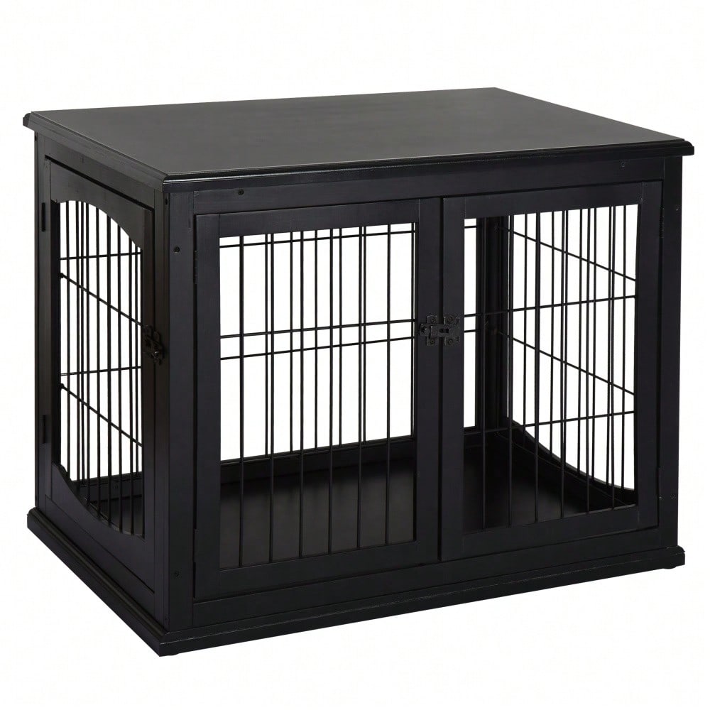 PawHut 2-in-1 Hundehaus mit Tischplatte, Höhe: 81 cm, Kleintierheim aus MDF & Metall für Innen, Tierkäfig mit Flachdach als side table, Für kleine Hunde & Kleintiere, Schwarz