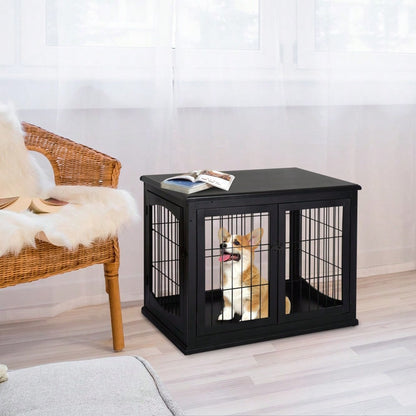 PawHut 2-in-1 Hundehaus mit Tischplatte, Höhe: 81 cm, Kleintierheim aus MDF & Metall für Innen, Tierkäfig mit Flachdach als side table, Für kleine Hunde & Kleintiere, Schwarz