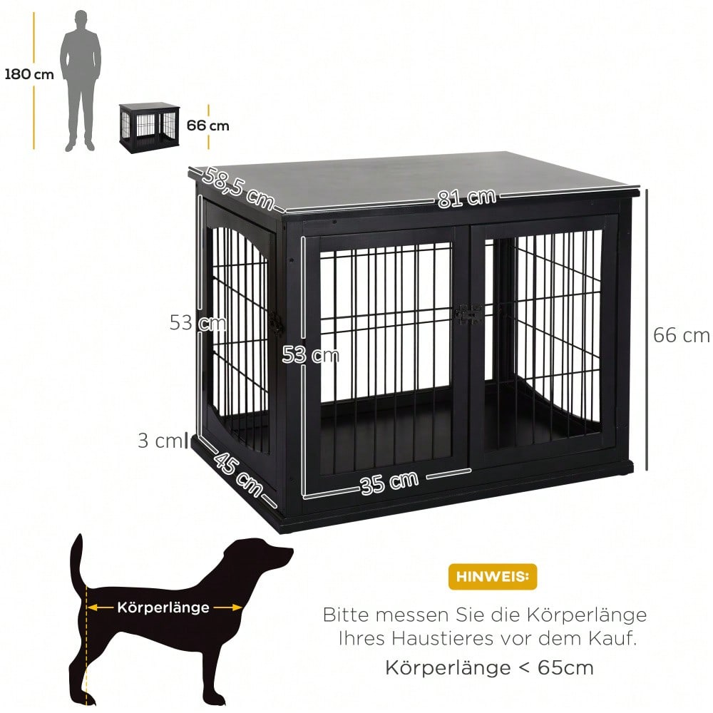 PawHut 2-in-1 Hundehaus mit Tischplatte, Höhe: 81 cm, Kleintierheim aus MDF & Metall für Innen, Tierkäfig mit Flachdach als side table, Für kleine Hunde & Kleintiere, Schwarz