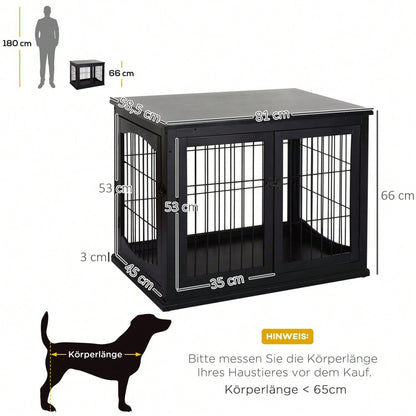 PawHut 2-in-1 Hundehaus mit Tischplatte, Höhe: 81 cm, Kleintierheim aus MDF & Metall für Innen, Tierkäfig mit Flachdach als side table, Für kleine Hunde & Kleintiere, Schwarz