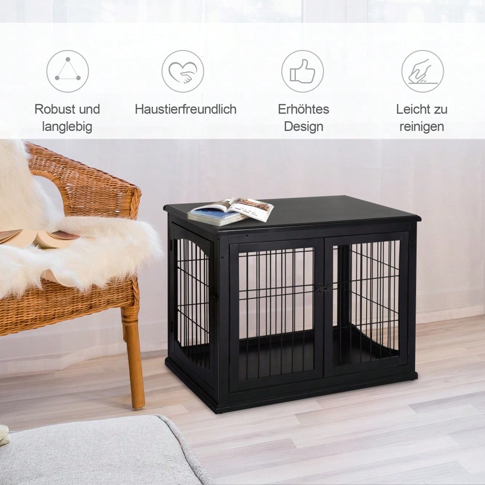 PawHut 2-in-1 Hundehaus mit Tischplatte, Höhe: 81 cm, Kleintierheim aus MDF & Metall für Innen, Tierkäfig mit Flachdach als side table, Für kleine Hunde & Kleintiere, Schwarz