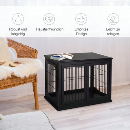 PawHut 2-in-1 Hundehaus mit Tischplatte, Höhe: 81 cm, Kleintierheim aus MDF & Metall für Innen, Tierkäfig mit Flachdach als side table, Für kleine Hunde & Kleintiere, Schwarz