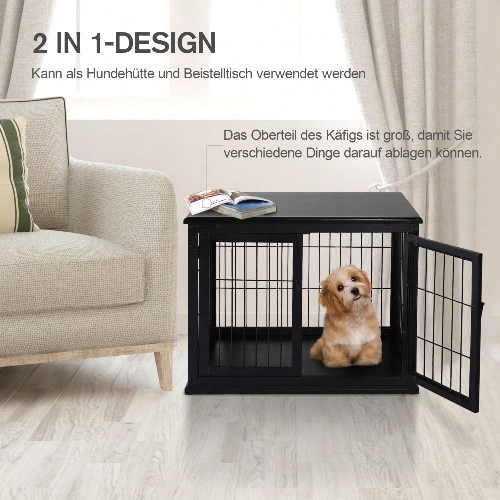 PawHut 2-in-1 Hundehaus mit Tischplatte, Höhe: 81 cm, Kleintierheim aus MDF & Metall für Innen, Tierkäfig mit Flachdach als side table, Für kleine Hunde & Kleintiere, Schwarz