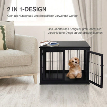 PawHut 2-in-1 Hundehaus mit Tischplatte, Höhe: 81 cm, Kleintierheim aus MDF & Metall für Innen, Tierkäfig mit Flachdach als side table, Für kleine Hunde & Kleintiere, Schwarz